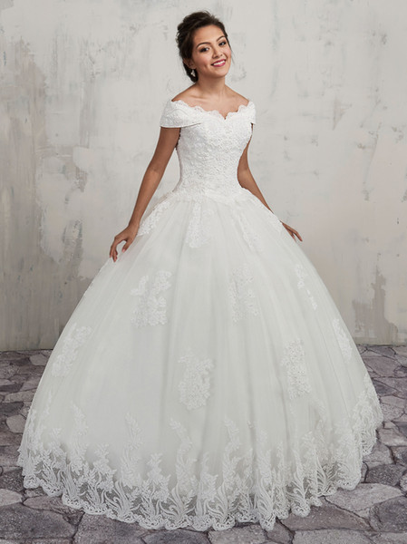 Vintage Lace Ball Gown Wedding Dresses Off Shoulder Lace-up Back Tulle ball and lace applique ball gown with bead embellished Bridal Gowns