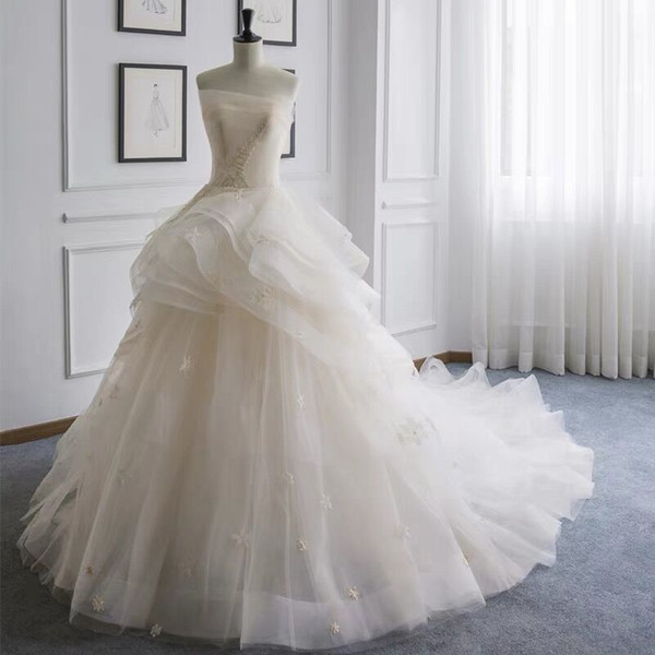 Iovry/Light Champagne Ball Gown Wedding Dress Strapless Zipper Back Sweep Train Applique with Beads