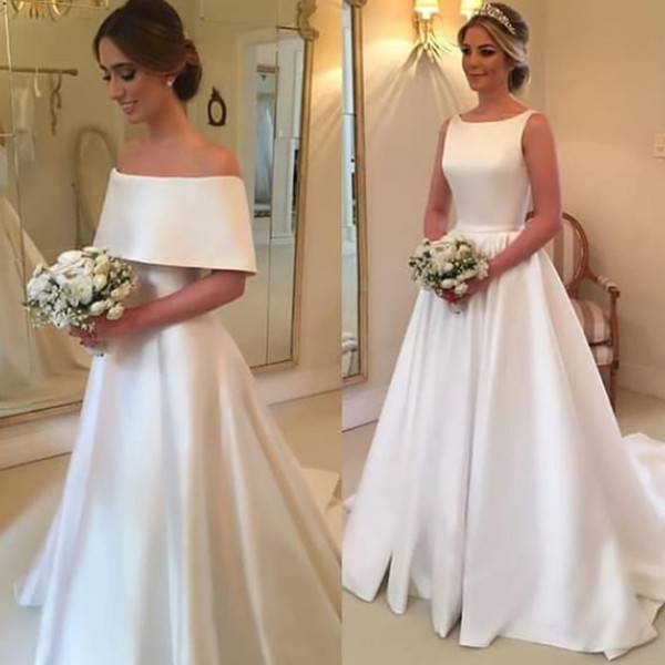 Satin Wedding Dresses Detachable Jacket Satin Ball Gown Floor Length Simple Court Train Bridal Dresses Gowns