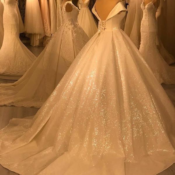 Ball Gown Shinning Wedding Dresses V Neck Sequins Backless Court Train Bridal Dresses Arabic Wedding Gowns Dress