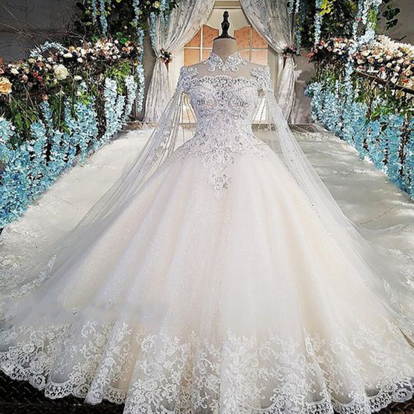 Long Sleeve Wedding Dresses High Collar Lace Appliques Pearls Crystal Ball Gown Beading Floor Length Bridal Dresses