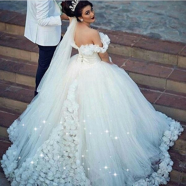 Handmade Flowers White Wedding Dress Ball Gown Tulle Off the Shoulder Elegant Bridal Dress Vestido De Novia