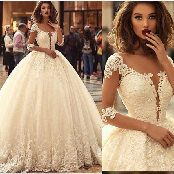 Long Sleeve Ball Gown Wedding Dresses Lace Applique Princess Elegant Bridal Dress