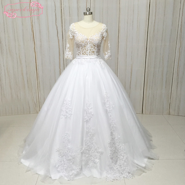 Ball Gown Wedding Dresses Sheer Crew Neckline Lace Appliques Ball Gown Floor Length Bridal Dresses Gowns