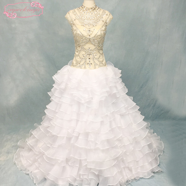 Real Crystal Wedding Dresses Tiered Beading Sequins Beading Ruffle Organza Ball Gown Court Train Bridal Dresses