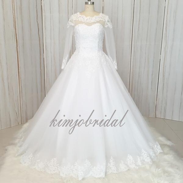 Ball Gown Wedding Dresses Crew Neckline Illusion Long Sleeve Beading Sequins Bling Bling White Tulle Floor Length Bridal Dresses