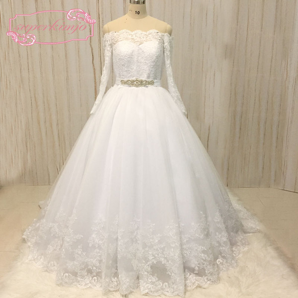 Real Picture Wedding Dresses Off the Shoulder Lace Appliques Crystal Belt Court Train Bridal Dresses Gowns