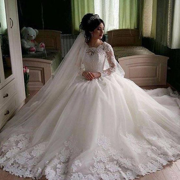 Ball Gown Wedding Dresses Off the Shoulder Lace Appliques Long Sleeve Floor Length Bridal Dresses