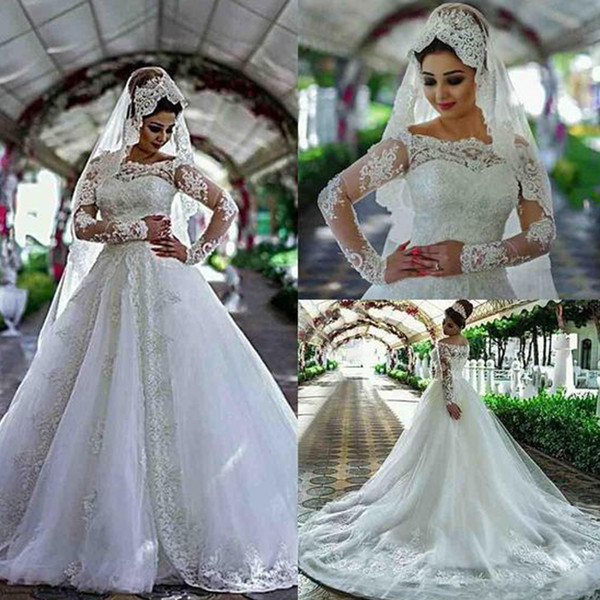 Lace Wedding Dresses Crew Neckline Long Illusion Sleeve Court Train Bridal Dresses Vintage Vestidos de Noiva