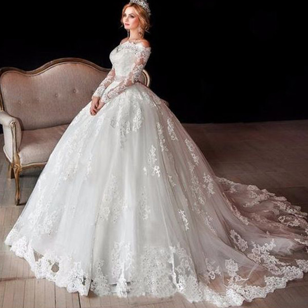 Vintage Wedding Dresses Lace Appliques Long Sleeve Ball Gown Tulle Court Train Cheap Bridal Dresses