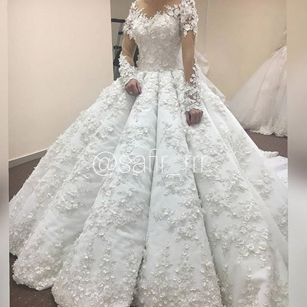 Ball Gown Wedding Dresses 2018 Deep V Neck Lace Appliques Hand Made Flowers Long Sleeve Bridal Dresses Gowns Luxury