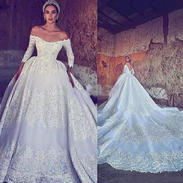 Wedding Dresses Off the Shoulder Lace Appliques Long Sleeve Ball Gown Bridal Dresses Gowns Arabic