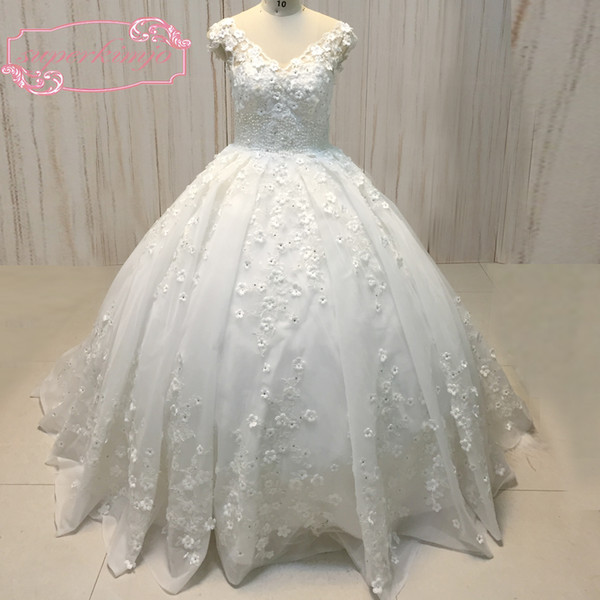 Ball Gown 2018 Wedding Dresses Real Picture 3D Hand Made Flowers Beading Tulle Chapel Train Bridal Dresses