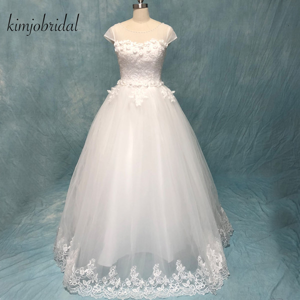 Real Wedding Dresses In Stock Sheer Crew Neckline Beading Sequins Hand Made Flowers Ball Gown Bridal Dresses 