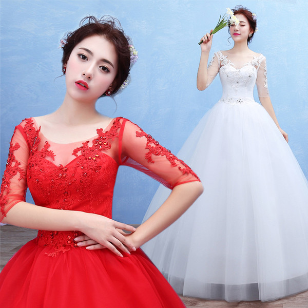 Mingli Tengda New Red 1/2 Sleeve Elegant Wedding Dress Lace Beading Bridal Dress O Neck Autumn/Spring Ball Gown Wedding Dresses