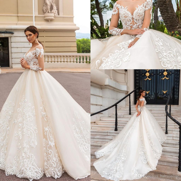 Luxury Ball Gown Long Sleeves Wedding Dresses Princess vestido de noiva Lace Applique Backless Sweep Train Beach Bridal Gowns