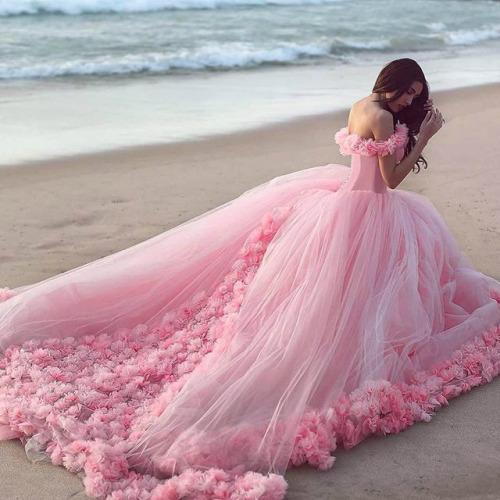 Mingli Tengda Pink Flowers Beach Wedding Dress Tutu Bridal Gowns Sexy Bateau Neck Blue Wedding Dresses Robes De Bal Longues Party Dresses