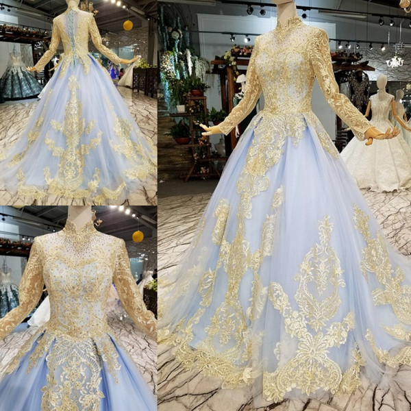 Mingli Tengda Simple High Neck Wedding Dresses Elegant Luxury Lace Beads Bride Floor Length Long Sleeve Ball Gown Wedding Dress