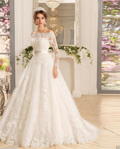 Mingli Tengda Plus Size Wedding Dress Long Sleeves Off Shoulder Lace Ball Gown Wedding Dresses Appliques Beach vestido de novia