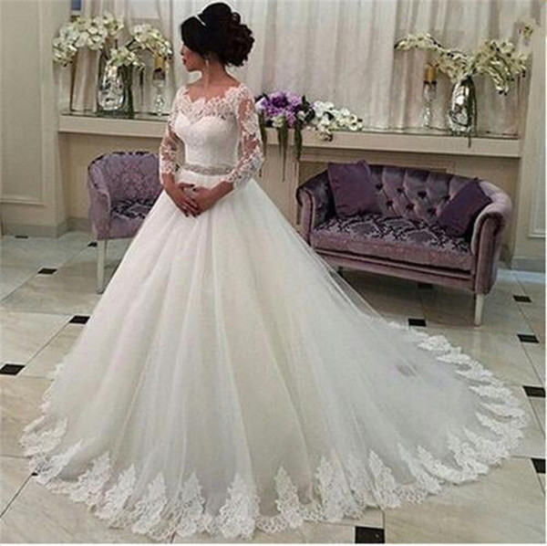 Mingli Tengda Sexy Boat Neck Ball Gown Wedding Dresses Appliques Lace 3/4 Long Sleeve Wedding Dress Sweep Train Bridal Dress