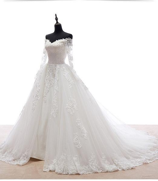 Mingli Tengda Luxury Appliques Lace Wedding Gowns Sexy Off the Shoulder Long Sleeve Ball Gown Wedding Dresses vestido de noiva