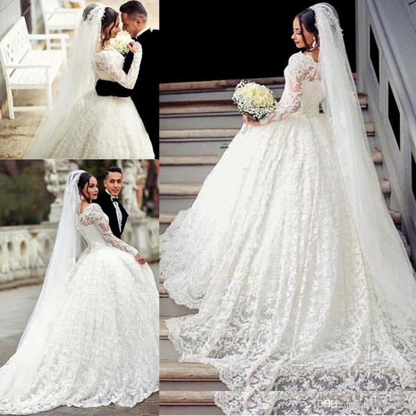 Ball Gown Lace Wedding Dress Appliques Off the Shoulder Sheer Long Sleeves Wedding Dress With Train Bridal Gowns vestidos de novia 