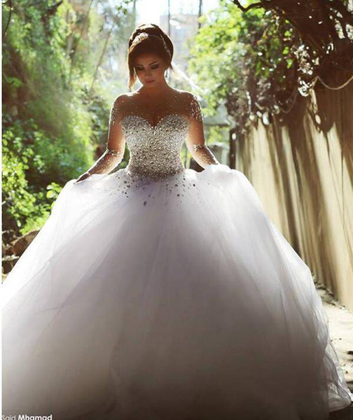 Mingli Tengda Elegant Ball Gown Wedding Dresses Luxury Beads Crystal Princess Bridal Dresses 1/2 Sleeve Wedding Dress