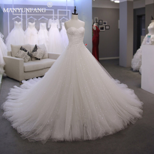 Real Pictures Strapless Sweetheart Neck Ball Gown Wedding Dresses Cathedral Train Tulle With Shine Sequins Bridal Lace Up Back Wedding Gown