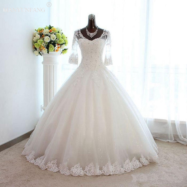 Full Lace Wedding Dresses Country Style Scoop Neck Long Sleeves Lace Up Back Ball Gown Vintage Custom Made Bridal Gowns Vestios