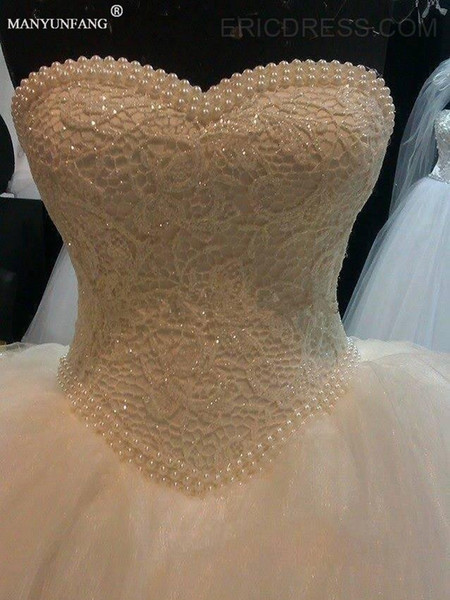 Luxury Beaded Pearls Bridal Gowns Princess Gown Sweetheart Corset Organza Ruffles Cathedral Ball Gown Wedding Dresses