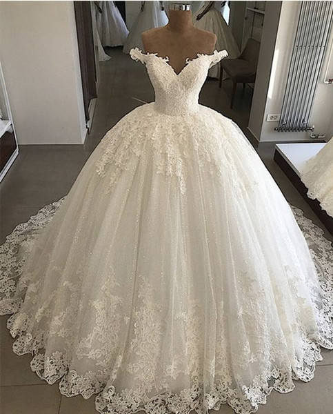 Lace Ball Gown Wedding Dresses New Off The Shoulder Floor Length Applique Tull Wedding Dress Bridal Gowns