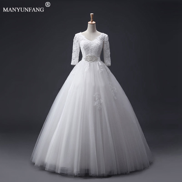 Wedding Dresses Long Sleeve France Lace Boho Bridal Dresses Sexy V Neck Backless High Quality Real Picture Crystal Sashes Wedding Gowns