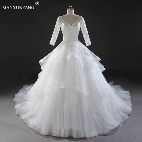 Sexy Plunging V Neck Long Sleeves Ruffles Skirt Wedding Dresses Backless Long Bridal Gowns Spring Castles Court Train Wedding Gowns