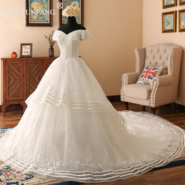 MANYUNFANG Real Pictures Short Sleeves Wedding Dress Peals Beads Tires Skirt Lace High Quality Organza Train Bridal Gowns Wedding Dresses