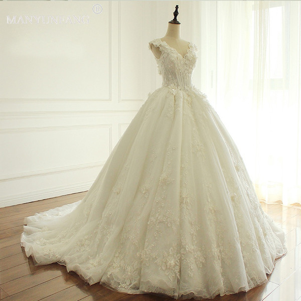 MANYUNFANG Fashionable V Neck Bridal Wedding Dress Real Pictures 3D Lace Flowers robe de mariee Cathedral Train Wedding Dress