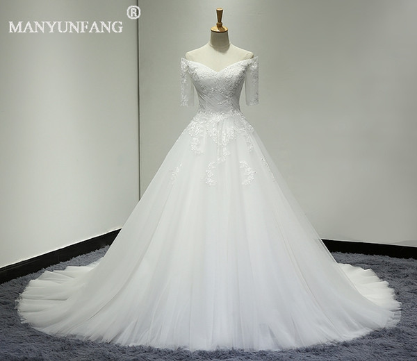 MANYUNFANG Half Sleeve Vintage Lace Bridal Dress Princess Ball Gown Wedding Dress Lace Beads Appliques Custom Made New Style robe de mariée