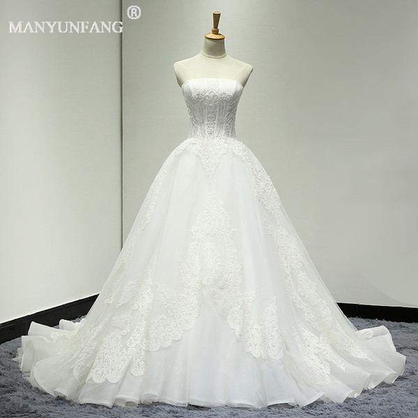 Real Picture Luxury Lace Ball Gown Wedding Dresses Off Shoulder Court Train Bridal Gowns With Lace Applique Sexy Strapless Wedding Gowns