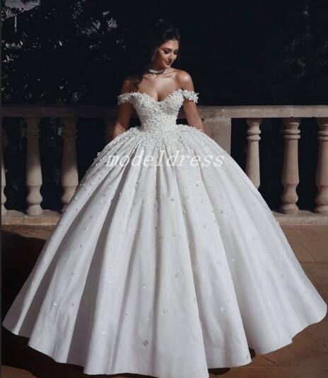 Princess Arabic Ball Gown Wedding Dresses Off Shoulder Floor Length Flowers Beads Church Garden Bridal Gowns Plus Size vestido de novia