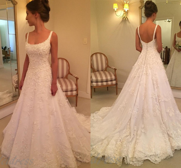 Ball Gown Lace Wedding Dresses Spaghetti Straps Scoop Backless Sweep Train Appliques Vintage Bridal Gowns Plus Size Customized