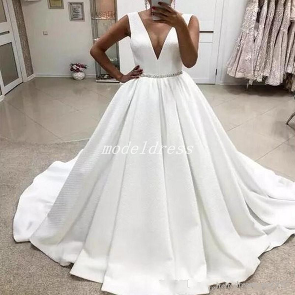 Simple Ball Gown Wedding Dresses Deep V Neck Sweep Train Sash Beads Chapel Garden Country Bridal Gowns vestido de novia Plus Size