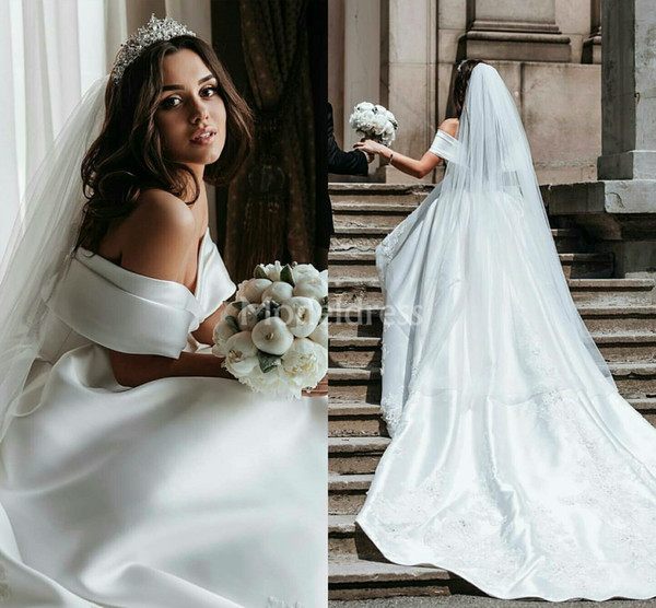 Gorgeous Lace Wedding Dresses Off Shoulder Court Train Appliques Satin Ball Gown Chapel Bridal Gowns Chic Vestidoe De Noiva Plus Size