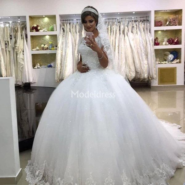 Arabric Lace Wedding Dresses Crew Neck Cap Sleeves Ball Gown Sweep Train Beaded Bridal Gowns Appliques Hot Plus Size Vestidoe De Noiva