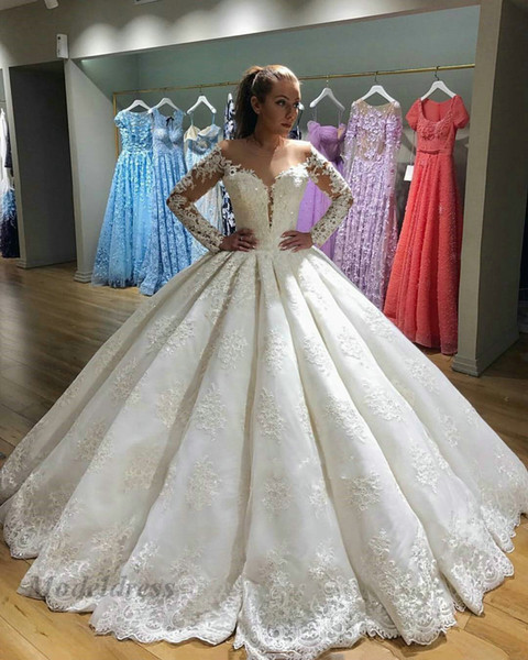 Ball Gowns Long Sleeve Wedding Dresses Off the Shoulder Sheer Neck Draped Appliques Fashionable Designer White Bridal Gowns New Arrival