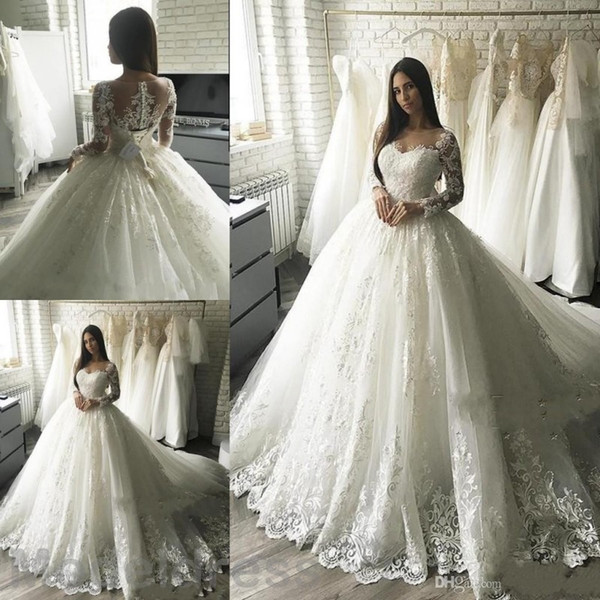 Ball Gown Lace Wedding Dresses Vintage Sheer Neck Long Sleeve Appliques Plus Size Bridal Gowns African Custom Made