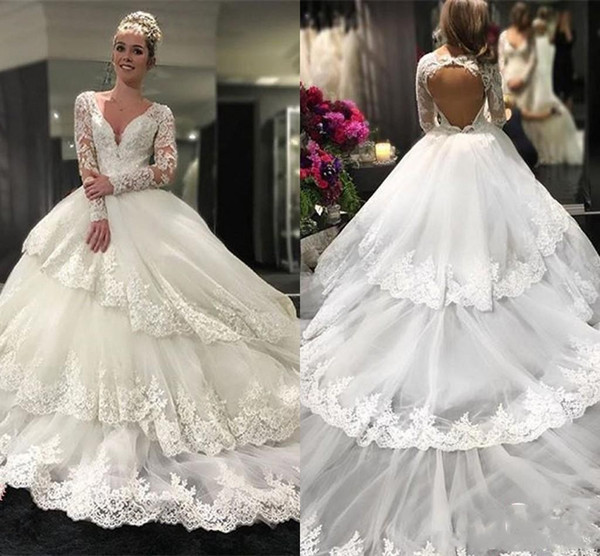 Open Back Long Sleeve Wedding Dresses Ball Gown V Neck Tiered Lace Appliques Tulle Long Train Bridal Gowns vestido de casamento 