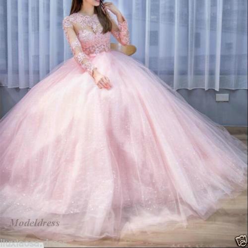 Pink Princess Wedding Dresses Illusion Long Sleeves Sheer Neck Lace Appliques Hollow Lace up Back Court Train Sparkle Luxury Wedding Gowns