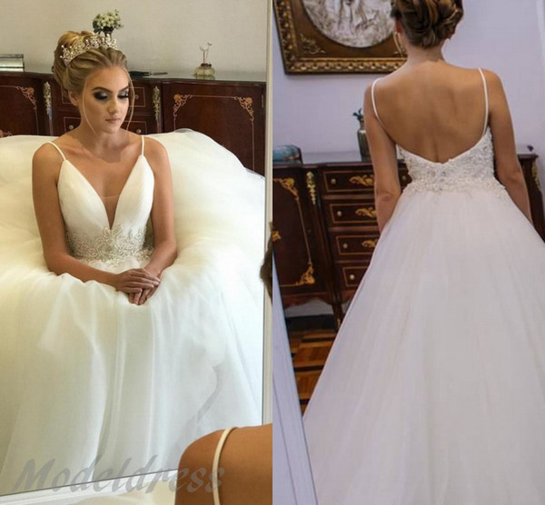 Princess Ball Gown Wedding Dresses V-Neck Backless Spaghetti Straps Appliques Sweep Train Bridal Gowns Plus Size Customized