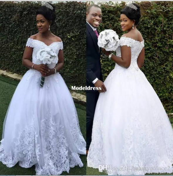 African Princess Lace Wedding Dresses Sweetheart Backless Off Shoulder Appliques Floor Length Arabic Bridal Gowns Plus Size Customized