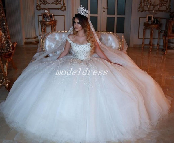 Saudi Arabic Pearls Ball Gown Wedding Dresses Off Shoulder Backless Big Bow Major Beading Appliques Chapel Country Bridal Gowns Plus Size