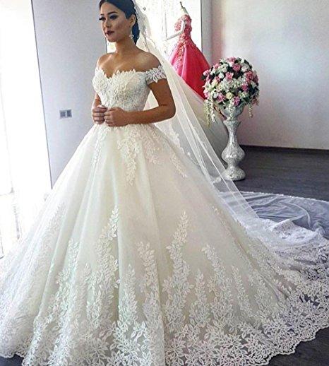 2017 Lace Ball Gown Wedding Dresses with Off-Shoulder Chapel Train Beaded Appliques Sweetheart Neck Elegant Princess Plus Size Bridal Gowns